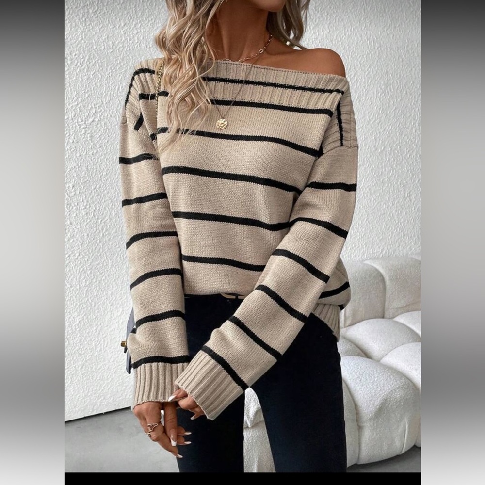 SHEIN Striped Beige and Black Asymmetrical Neckline Women's Sweater sz L - NWOT